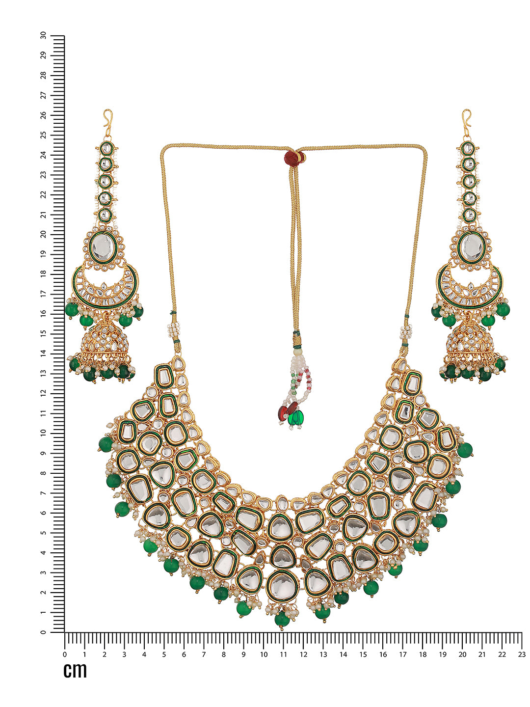 Gold-Plated Green & White Kundan-Studded & Beaded Handcrafted Jewellery Set - Jazzandsizzle