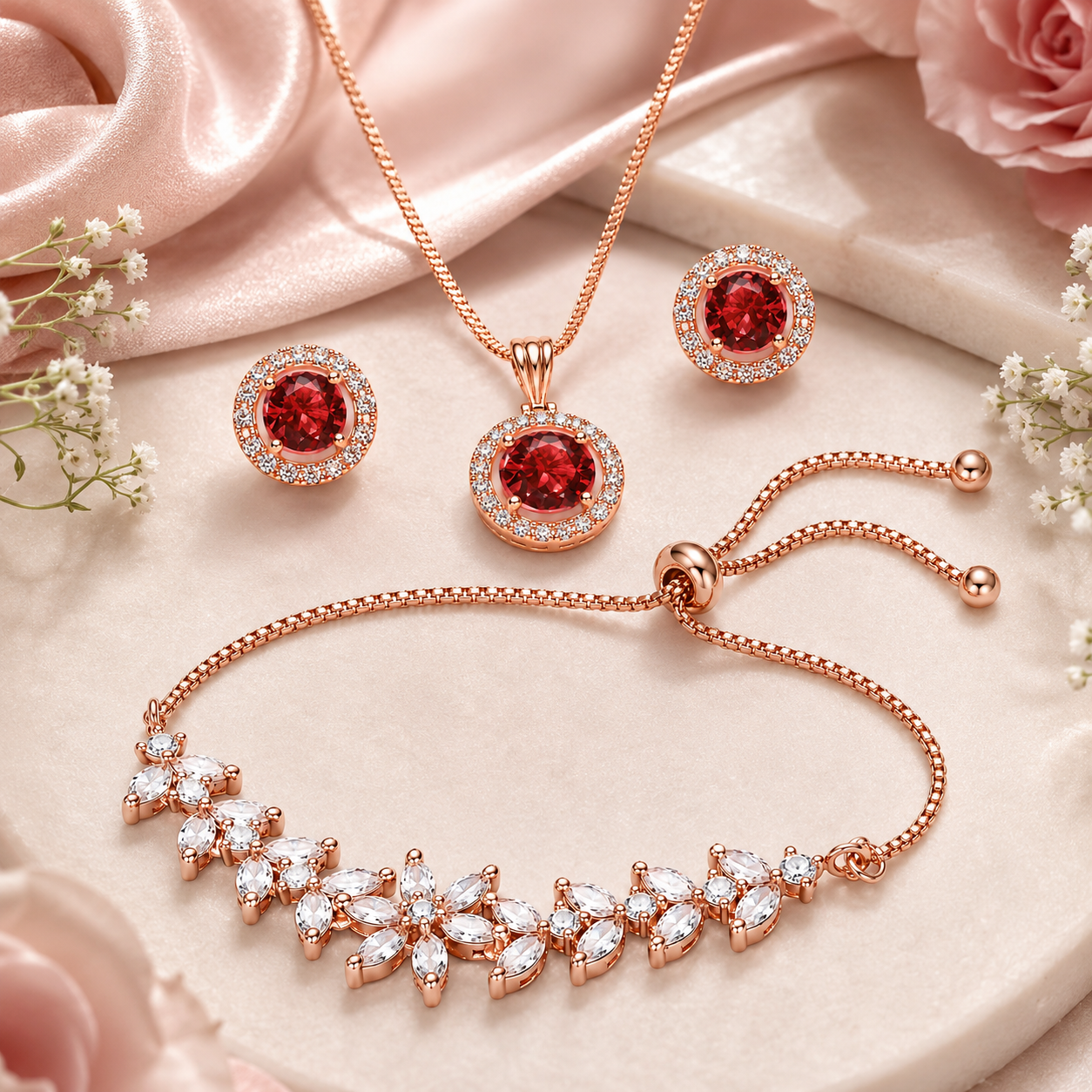 Rose Gold-Toned Red Crystal Pendant Necklace, Stud Earrings & Floral Bracelet Combo Set for Women-WJ-JS26-NL0181