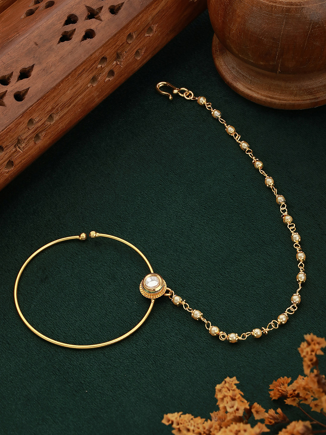Gold-Plated Stone Studded & Beaded Nosepin - Jazzandsizzle