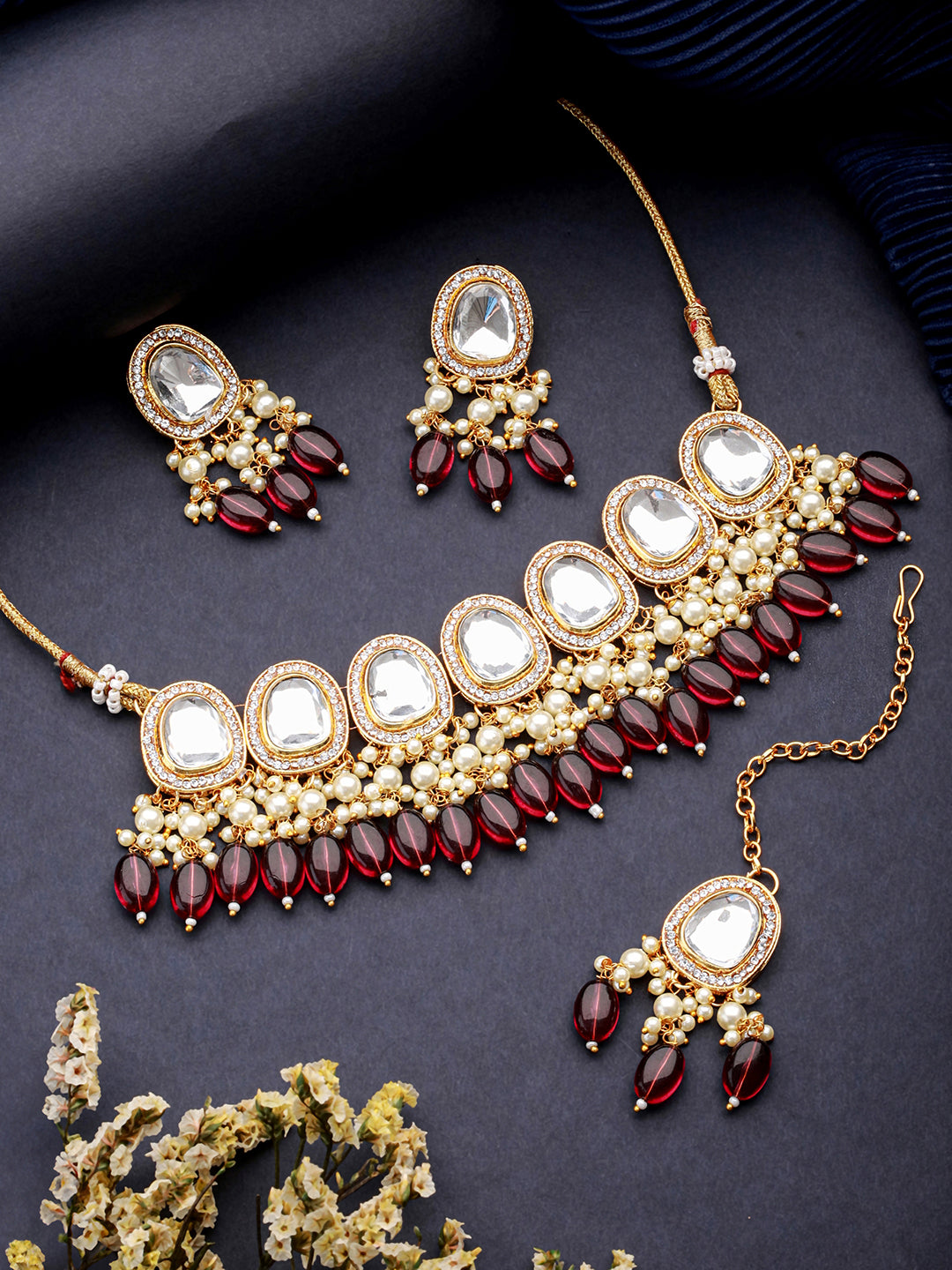 Jazz And Sizzle Gold Plated Kundan Studded & Beaded Jewelry Set With Maangtikka