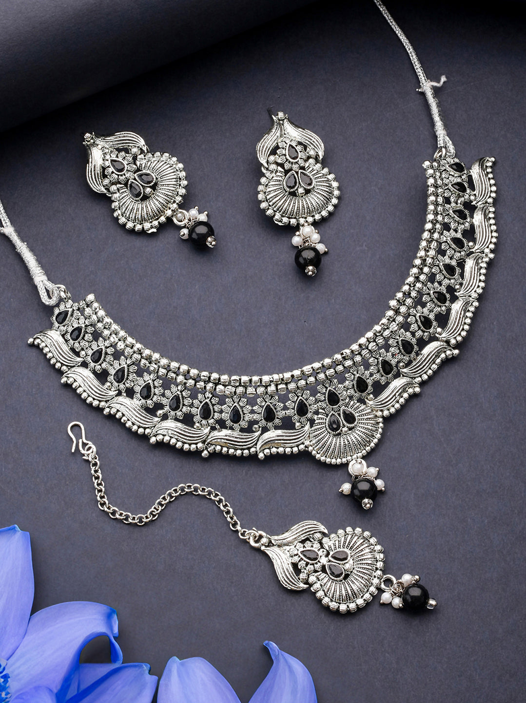 Jazz and Sizzle Silver Plated & Black Stone Studded & Beaded Traditional Choker Jewellery Set With Maangtikka