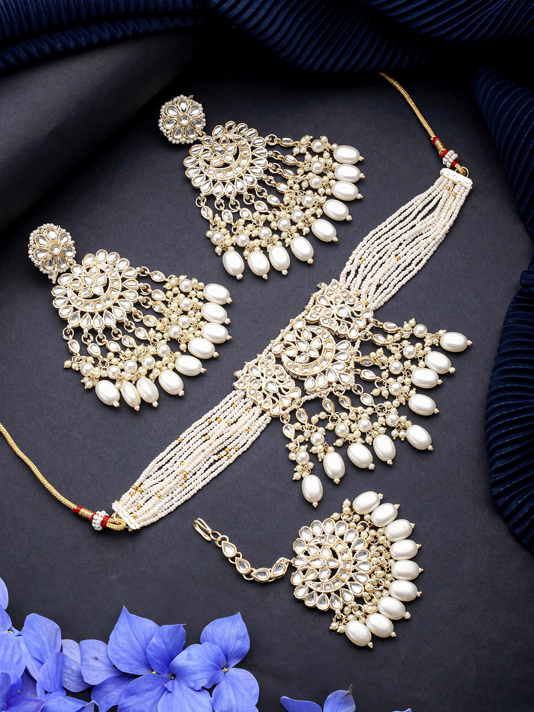 Jazz And Sizzle Gold-Plated Kundan Studded & Pearl Beaded Necklace with Chandbali Earrings Set & Mangtikka