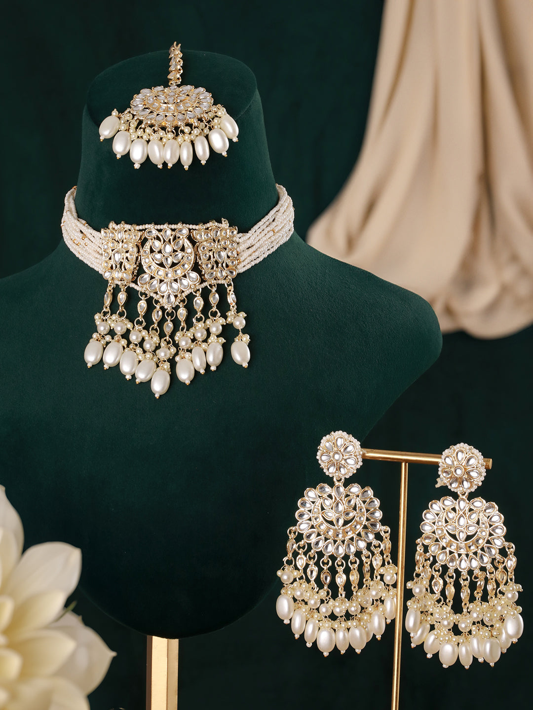Jazz And Sizzle Gold-Plated Kundan Studded & Pearl Beaded Necklace with Chandbali Earrings Set & Mangtikka