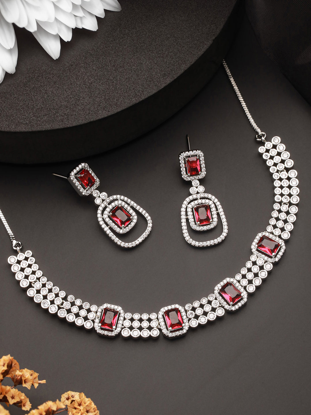 Jazz And Sizzle Silver Plated Red American Diamond Studded Handcrafted Jewelry Set - Jazzandsizzle
