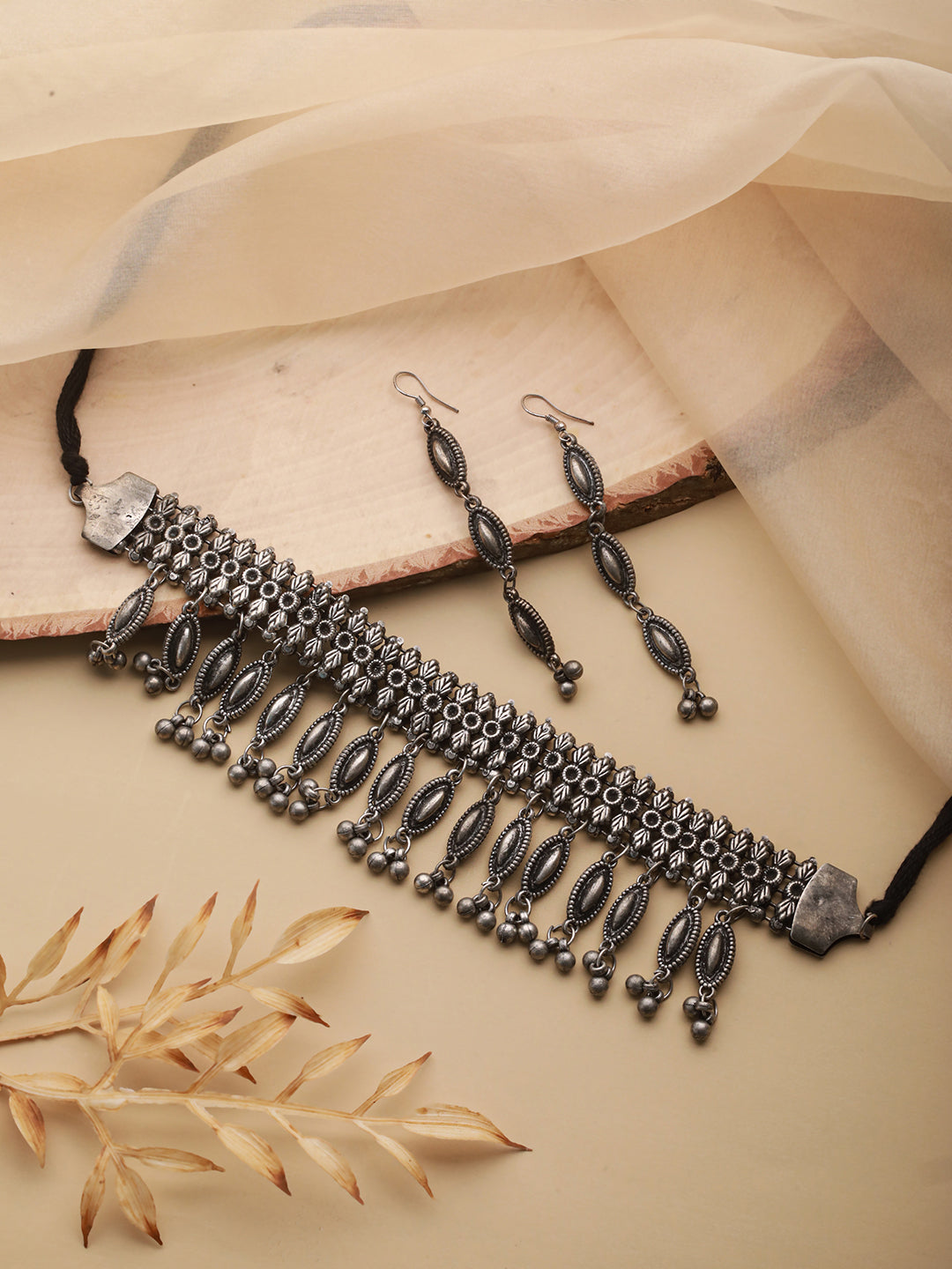 Jazz and Sizzle Metallic Silver Plated & Beaded Oxidized Jewellery Set