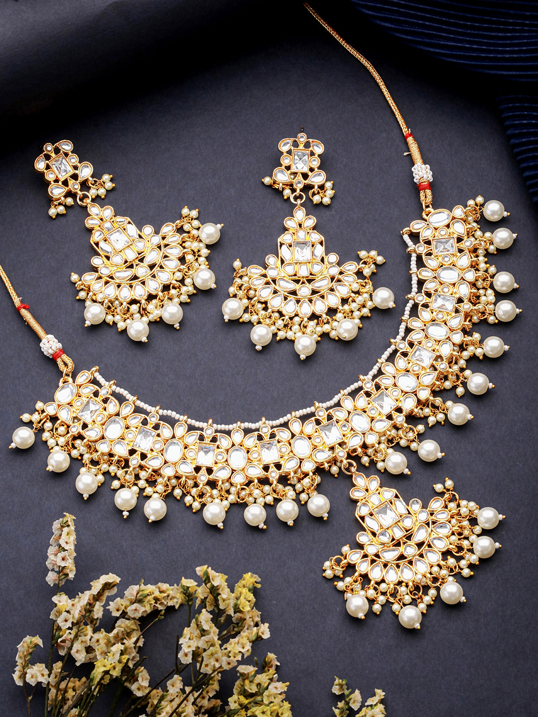 Jazz And Sizzle Gold Plated kundan Studded & Faux Pearl Beaded Choker Jewellery Set with Maangtikka