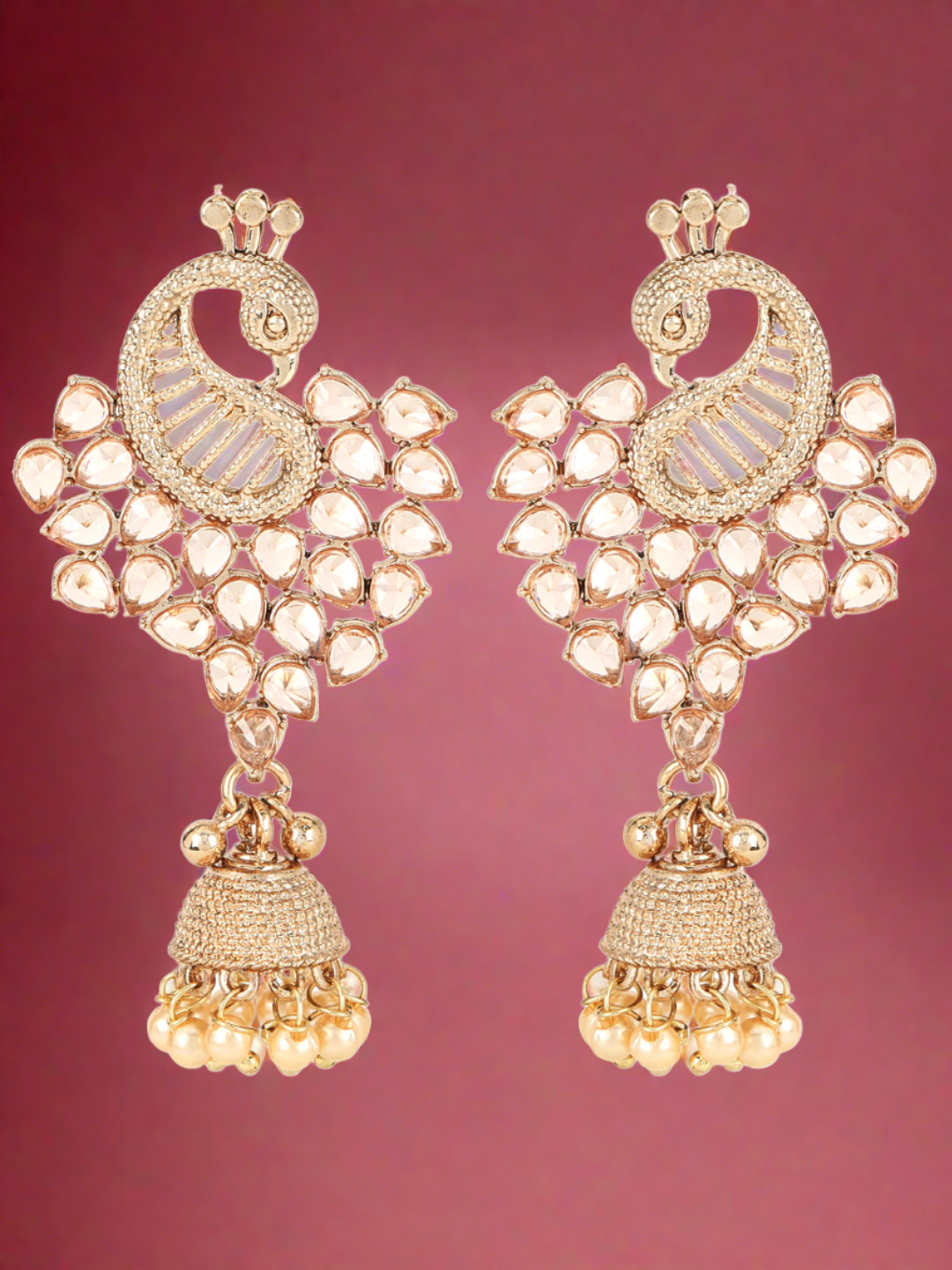 Jazz And Sizzle Gold-Plated CZ Studded Pearl Beaded Peacock Shaped Jhumka Drop Earrings