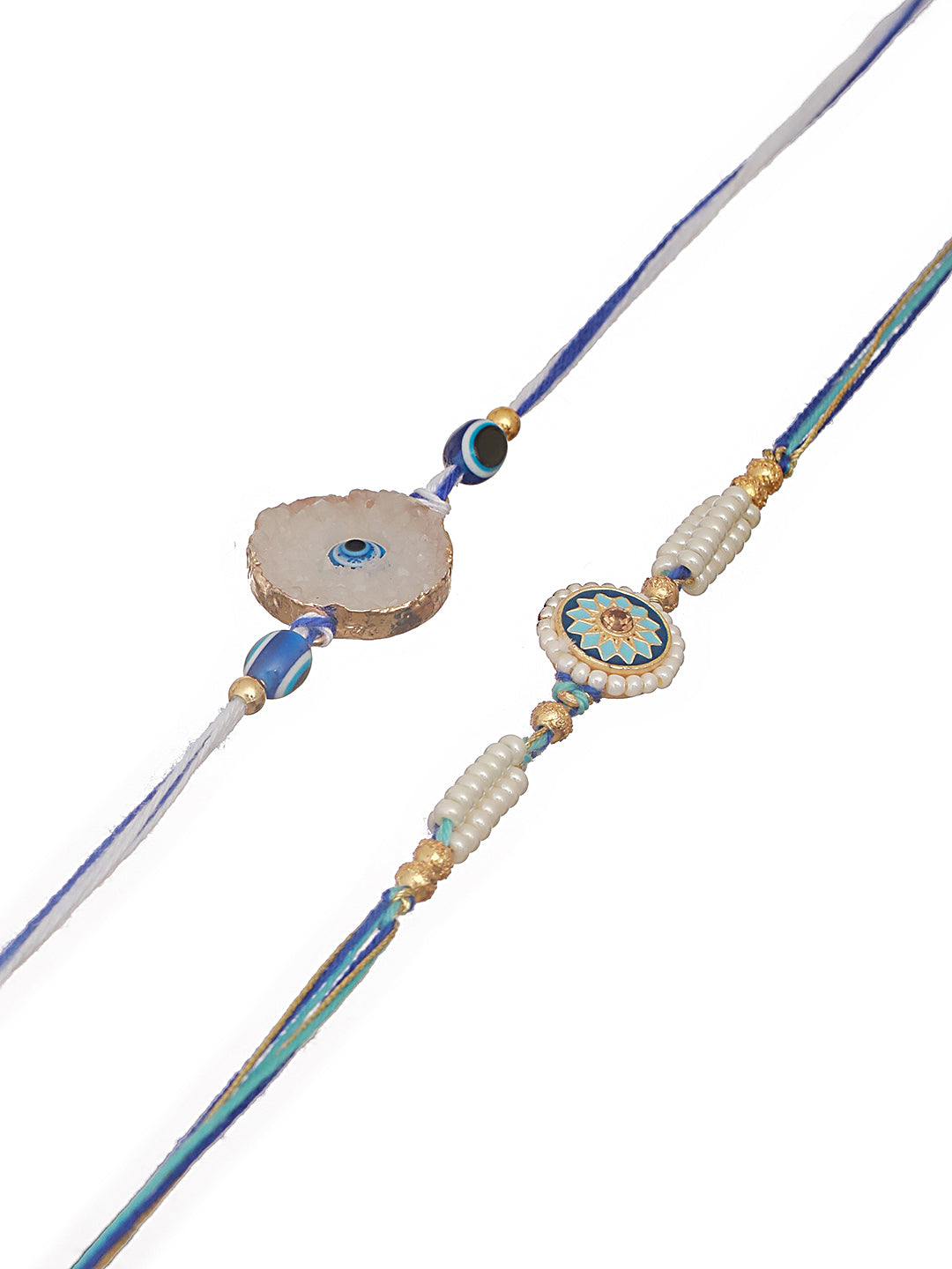 Set Of 2 Semi-Precious Stone Evil Eye & Pearl Beaded Charm Rakhi With Roli & Chawal