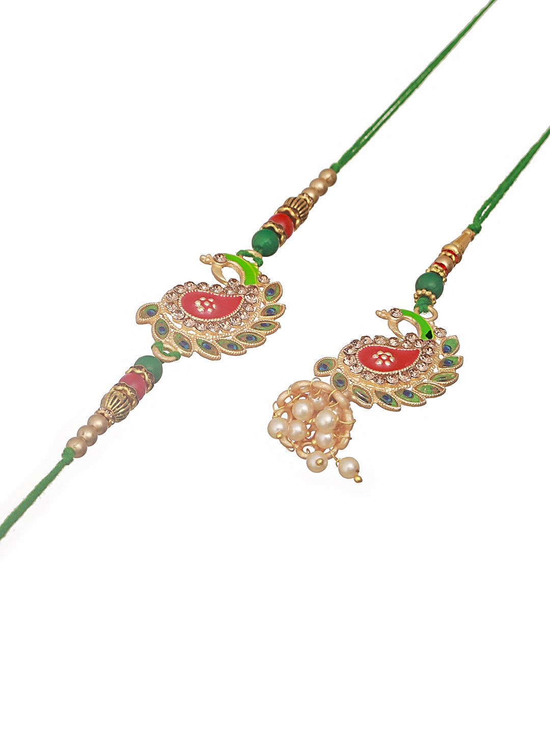 Set Of 2 Peacock Shaped Meena Work Bhaiya Bhabhi Rakhi With Roli & Chawal