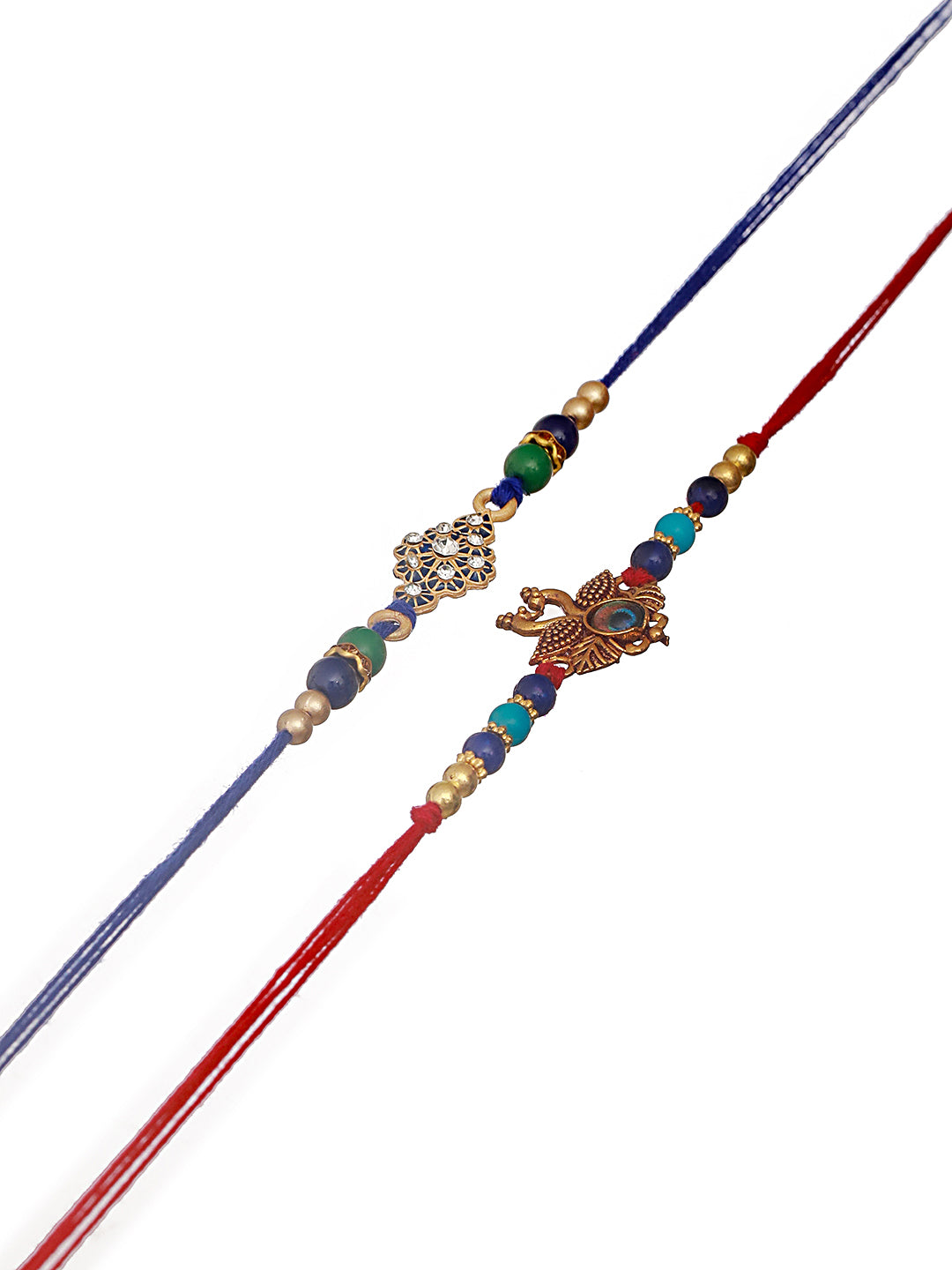 Set Of 2 Vibrant Evil Eye Peacock & Floral Shaped Rakhi With Roli & Chawal
