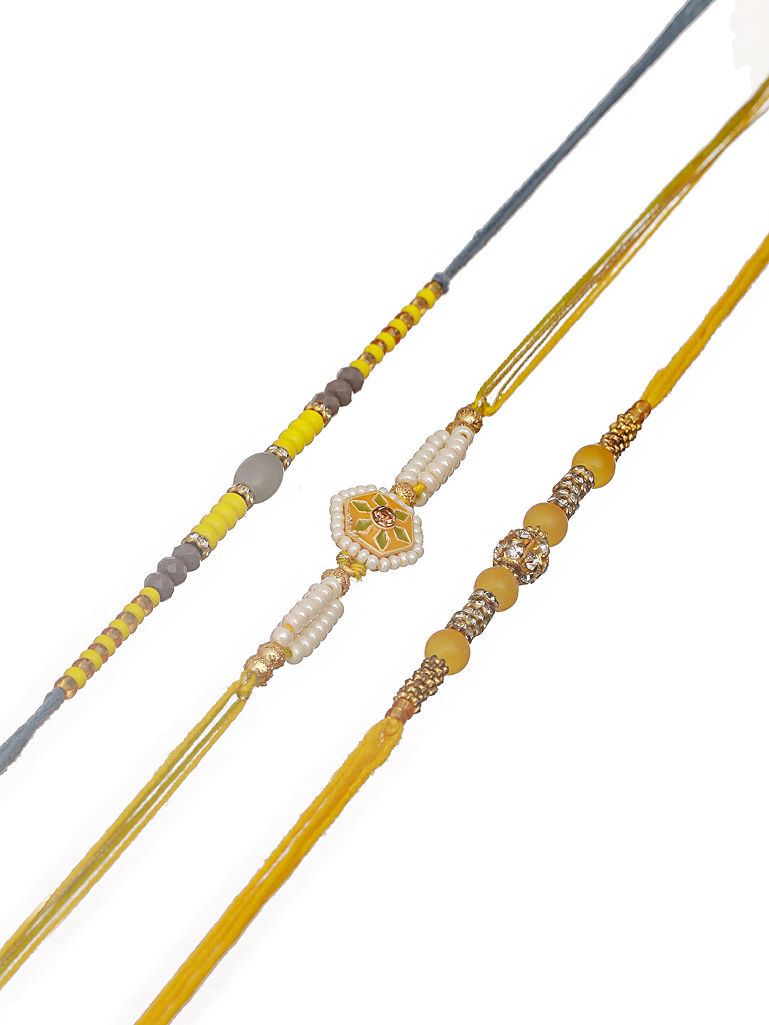 Set Of 3 Yellow & White Faux Pearls Embellished Thread Rakhi With Roli & Chawal
