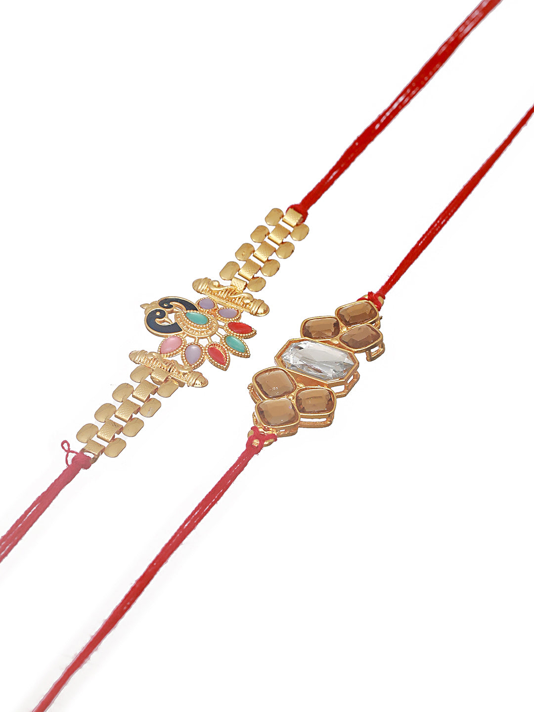 Set Of 2 Classic Kundan & Enameled Peacock Chain Thread Rakhi With Roli Chawal