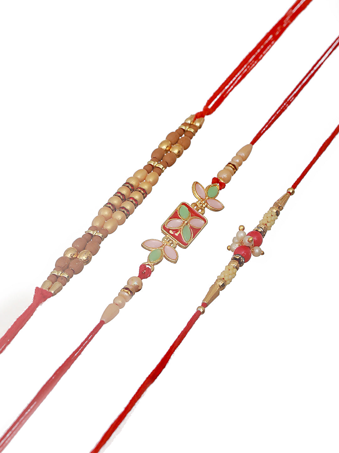 Set Of 3 Gold Toned Pearl & Meena Work Thread Rakhi With Roli Chawal