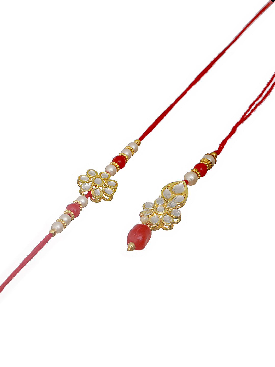 Set Of 2 Gold Toned & Kundan Studded Bhaiya & Bhabhi Rakhi With Roli & Chawal