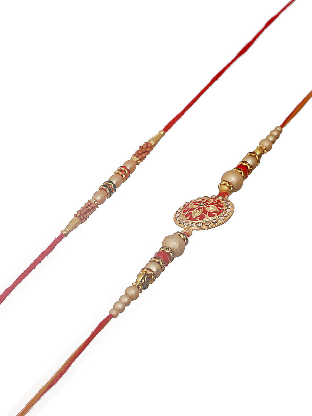 Jazz And sizzle Set Of 2 Enameled & Pearl Beaded Thread Rakhi With Roli Chawal & Rakhi Card