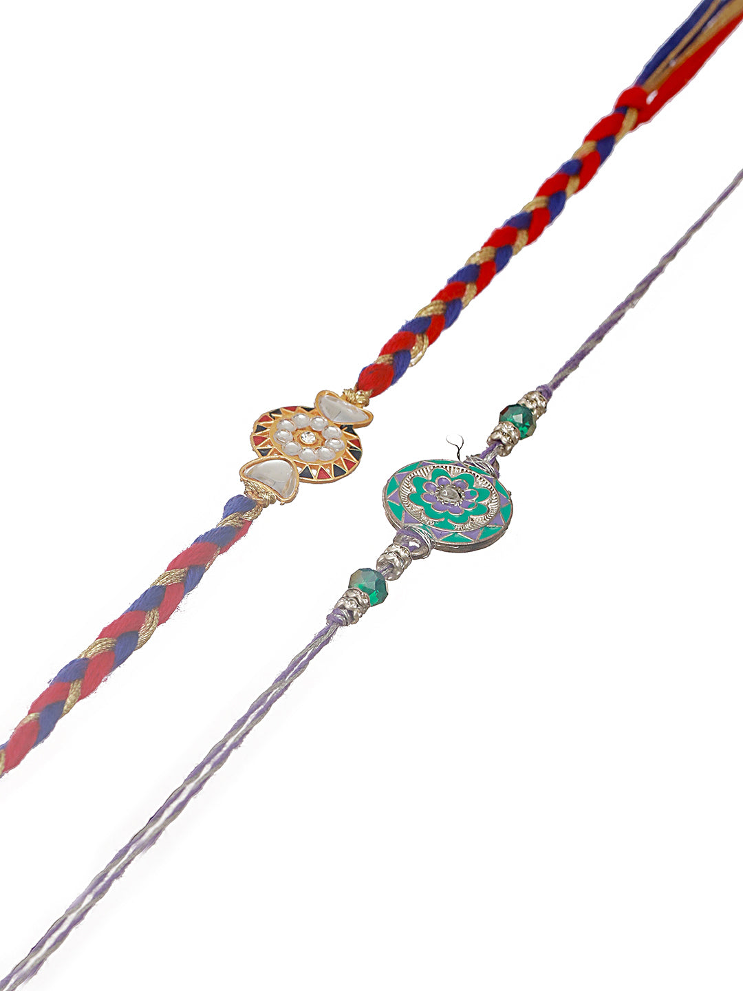 Jazz And Sizzle Set Of 2 Designer Floral Shaped And Meena Work Rakhi With Roli & Chawal