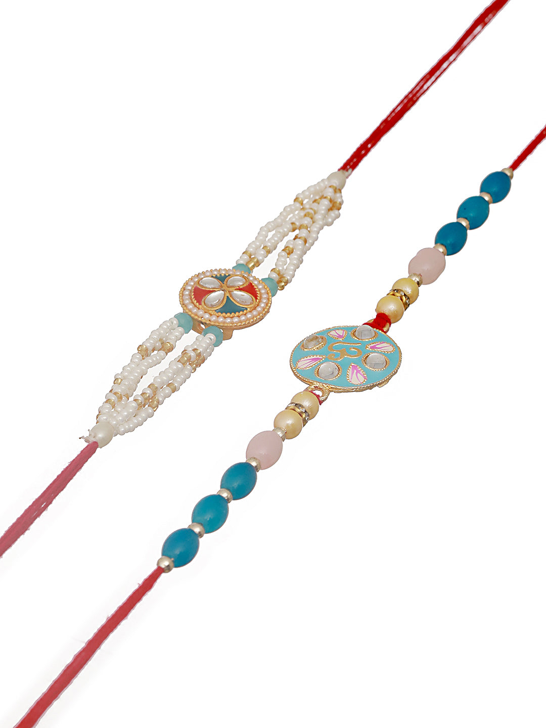 Jazz And Sizzle Set Of 2 Meena Work & Pearl Beaded Designer Thread Rakhi With Roli Chawal