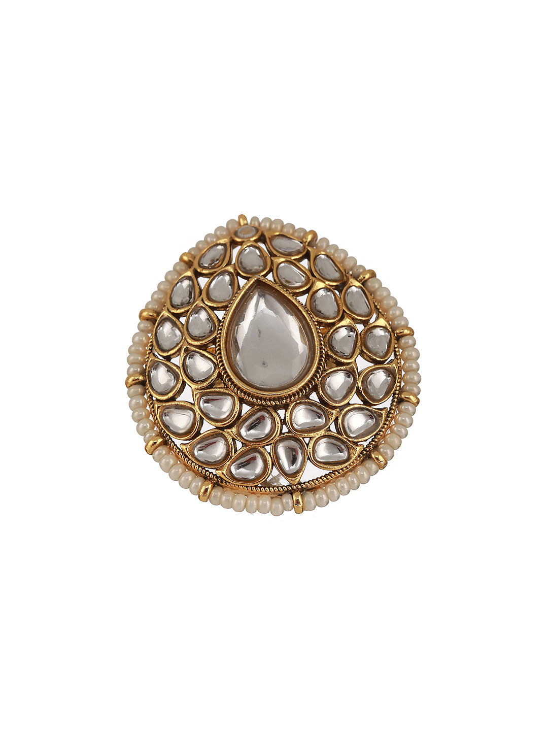 Gold-Plated White Kundan Studded & Pearl Embellished Adjustable Finger Ring - Jazzandsizzle