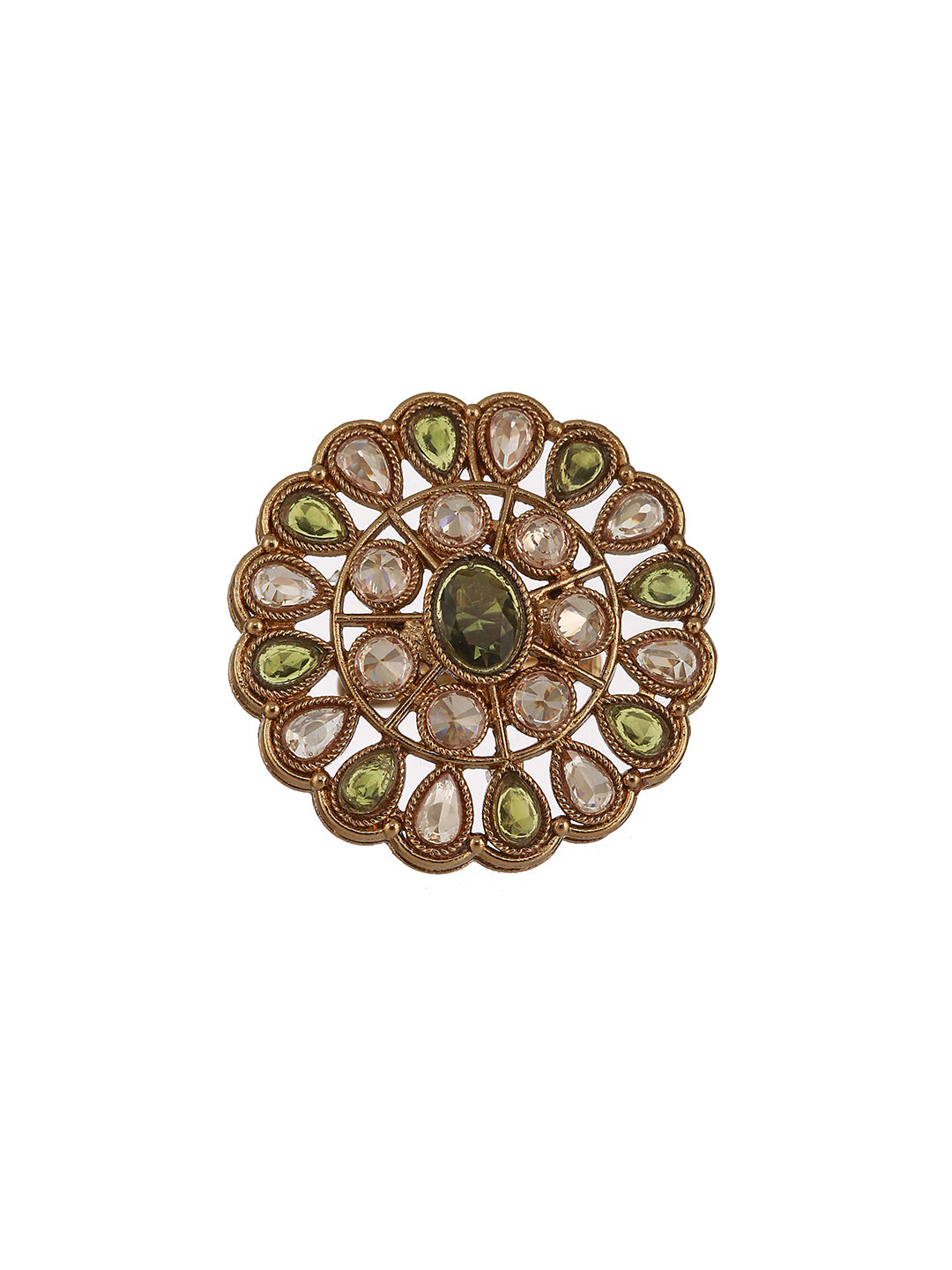 Gold-Plated Green & White Kundan-Studded Adjustable Finger Rings - Jazzandsizzle