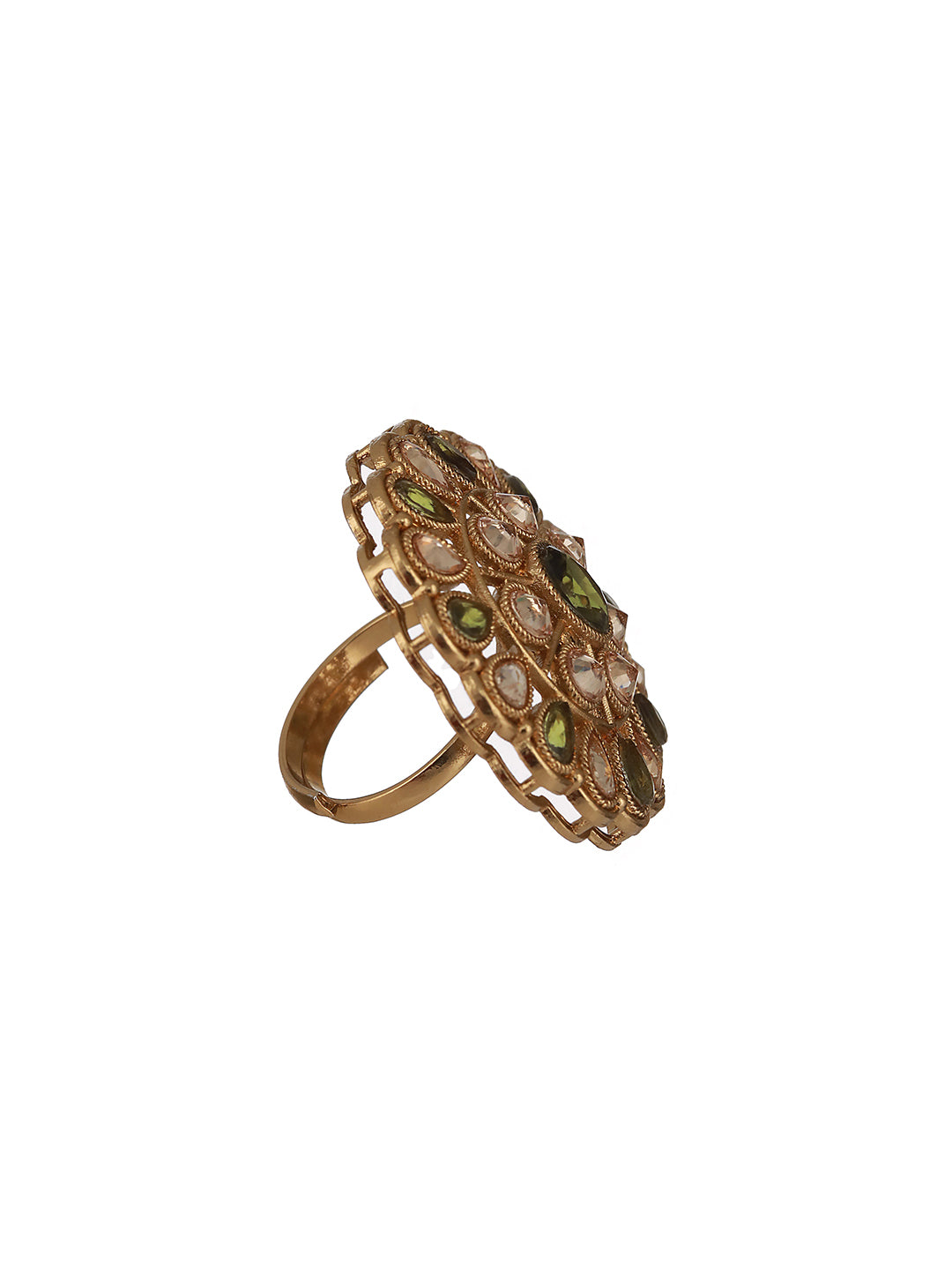 Gold-Plated Green & White Kundan-Studded Adjustable Finger Rings - Jazzandsizzle