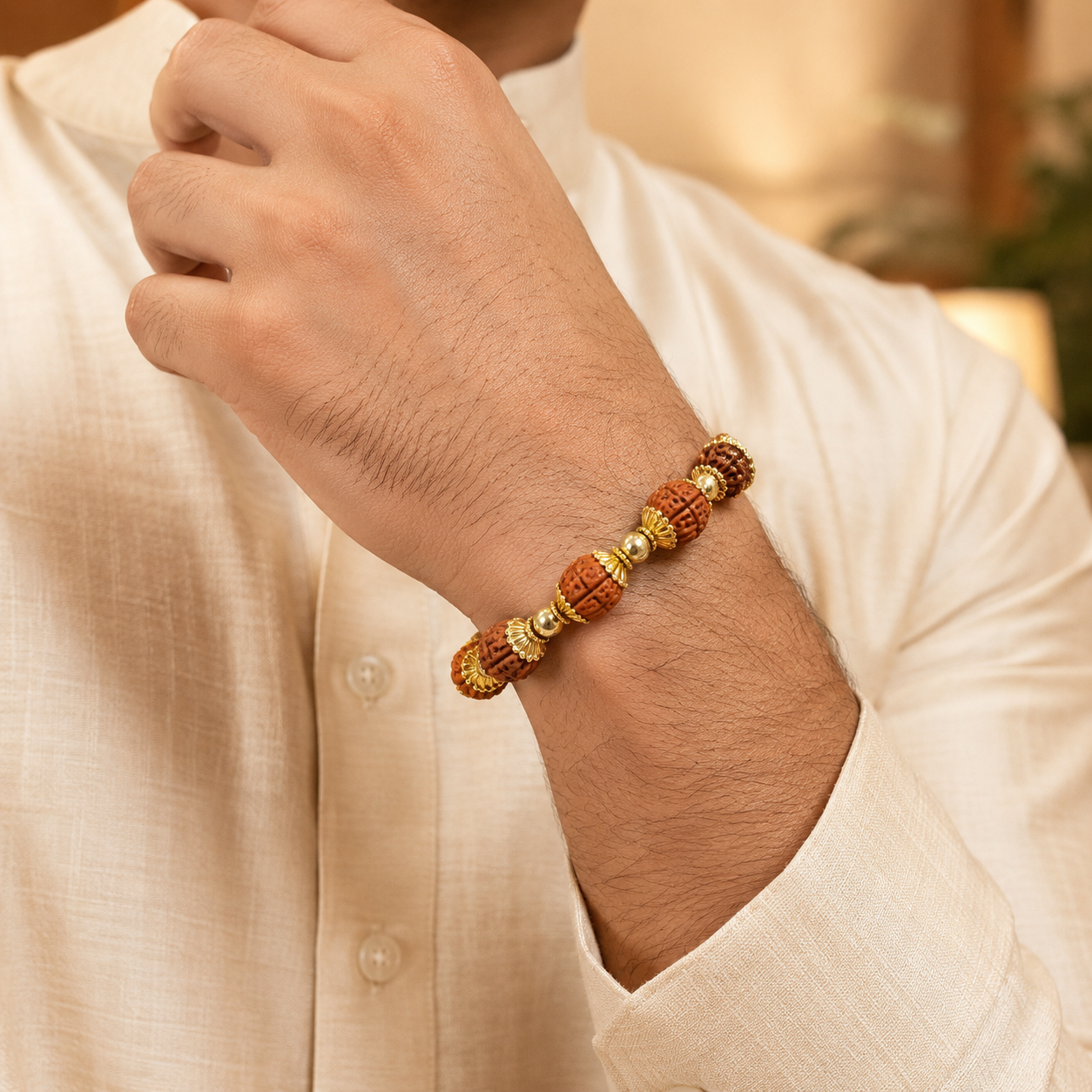 Rudraksha Beads Gold-Tone Adjustable Bracelet for Men-JS-SBR-013