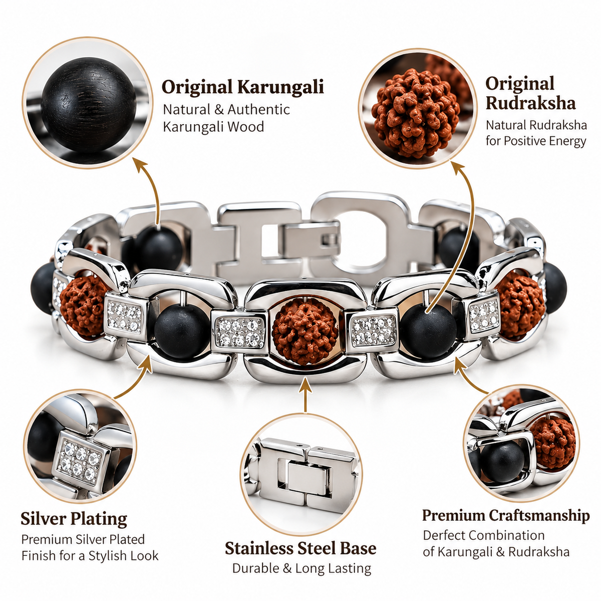 Silver Plated Essential Rudraksha Karungali Bracelet- JS-SBR-037