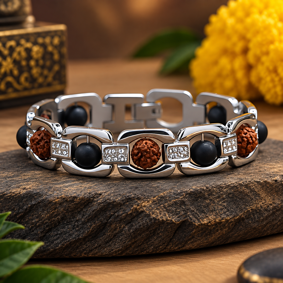 Silver Plated Essential Rudraksha Karungali Bracelet- JS-SBR-037