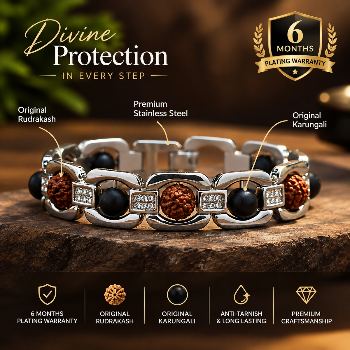 Silver Plated Essential Rudraksha Karungali Bracelet- JS-SBR-037
