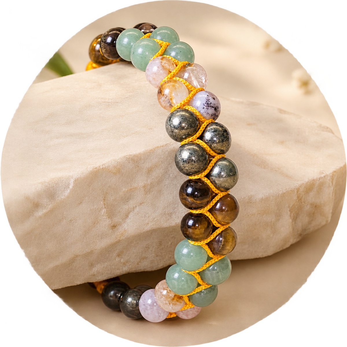 Money Magnet Double Fusion Tie-Up Band with Pyrite, Tiger Eye, Citrine & Aventurine Beads-JS-SBR-039