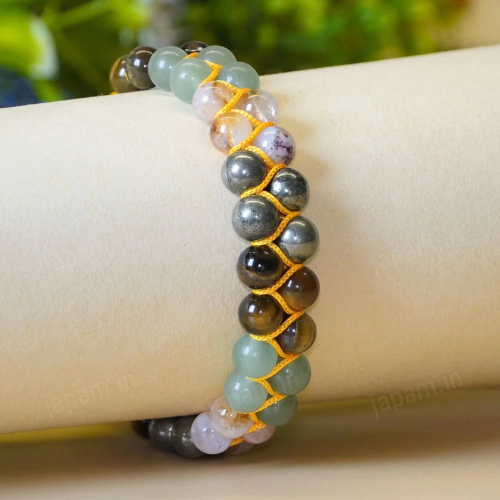 Money Magnet Double Fusion Tie-Up Band with Pyrite, Tiger Eye, Citrine & Aventurine Beads-JS-SBR-039
