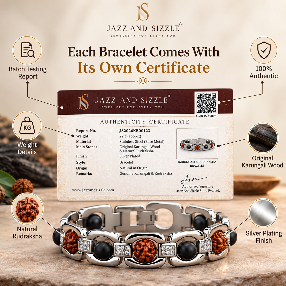 Silver Plated Essential Rudraksha Karungali Bracelet- JS-SBR-037