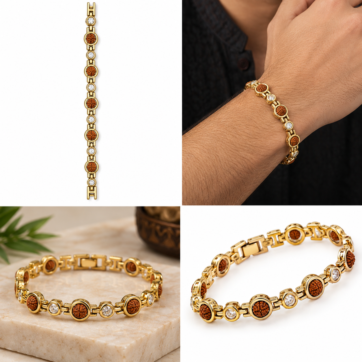 Gold-Toned Rudraksha & Stone Studded Bracelet for Men-JS-SBR-032