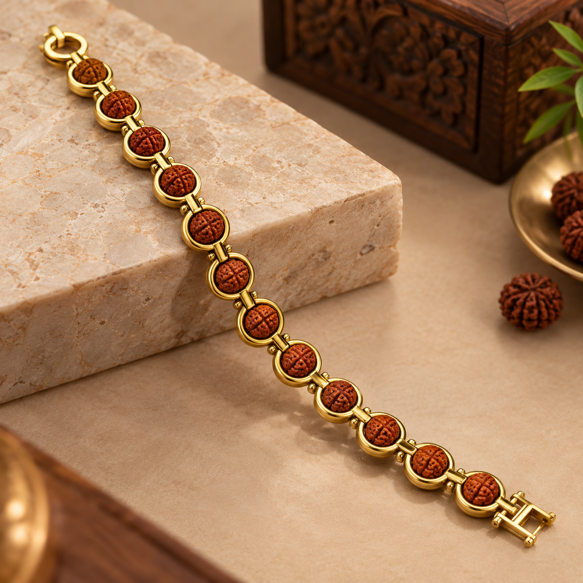 Gold-Toned Rudraksha Link Bracelet for Men-JS-SBR-033