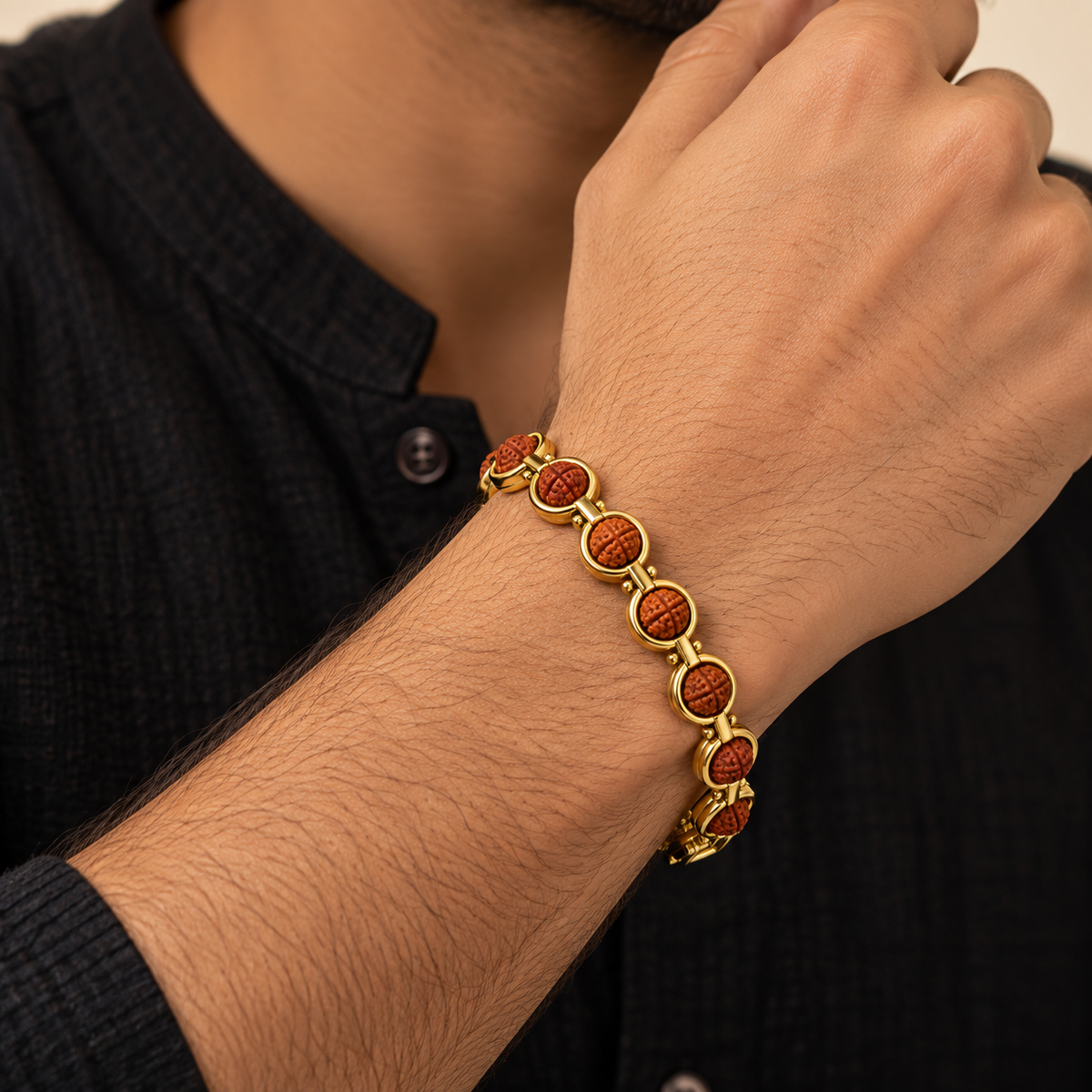Gold-Toned Rudraksha Link Bracelet for Men-JS-SBR-033