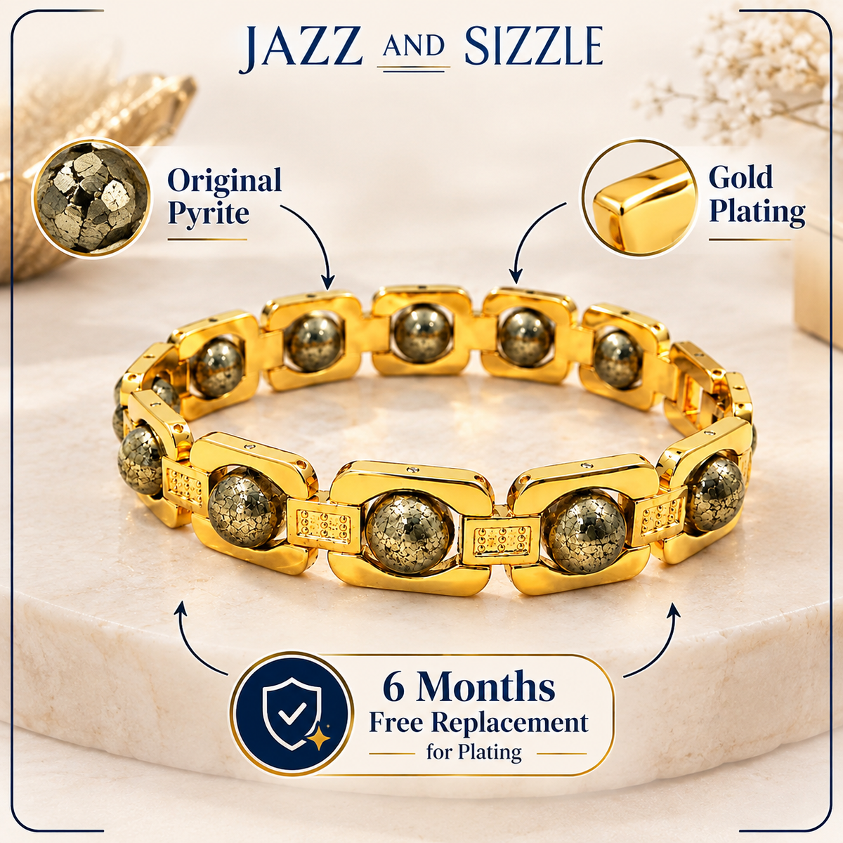 Men’s Spiritual Gold-Plated Brass Bracelet with Pyrite Beads-JS-SBR-035