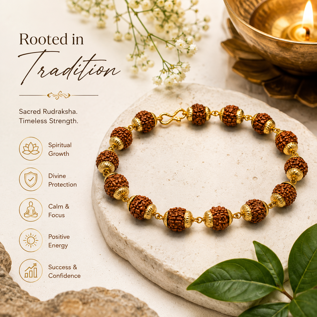 Classic Rudraksha Gold-Tone Spiritual Bracelet-JS-SBR-0003