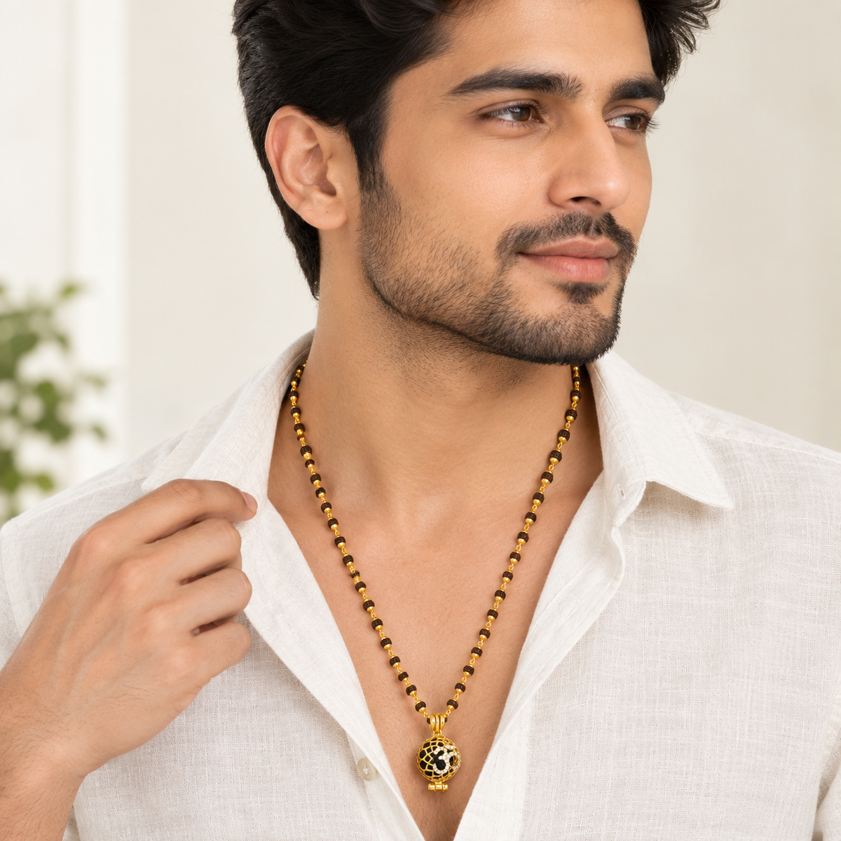 Gold-Plated Black & Brown Beaded Designer Mala with Statement Pendant-JS-SNL-033