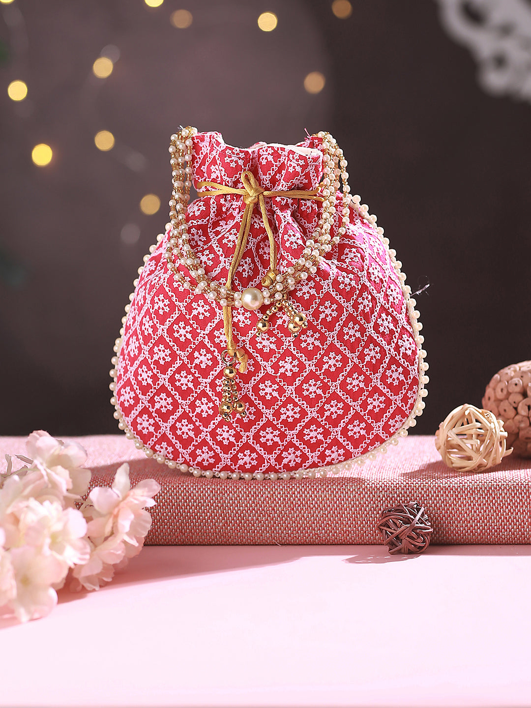 Pink & White Embroidered Potli Clutch - Jazzandsizzle