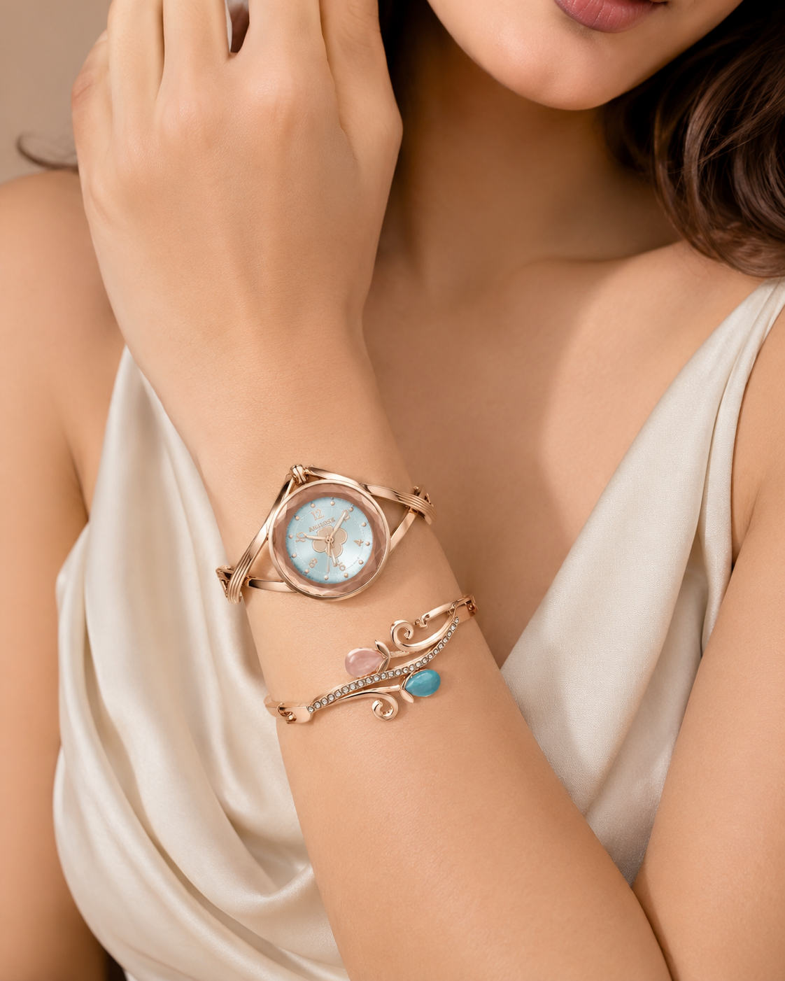 Rose Gold Analog Watch & Leaf Crystal Bracelet Combo for Women- WJ-JS26-LD0026