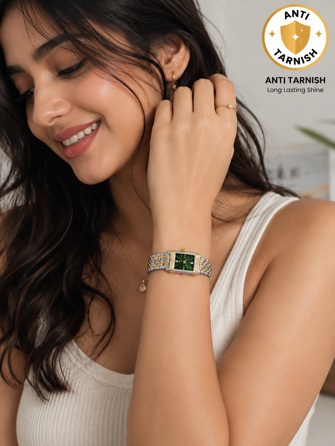 Elegant Emerald Green Dial Two-Tone Stainless Steel Women's Watch