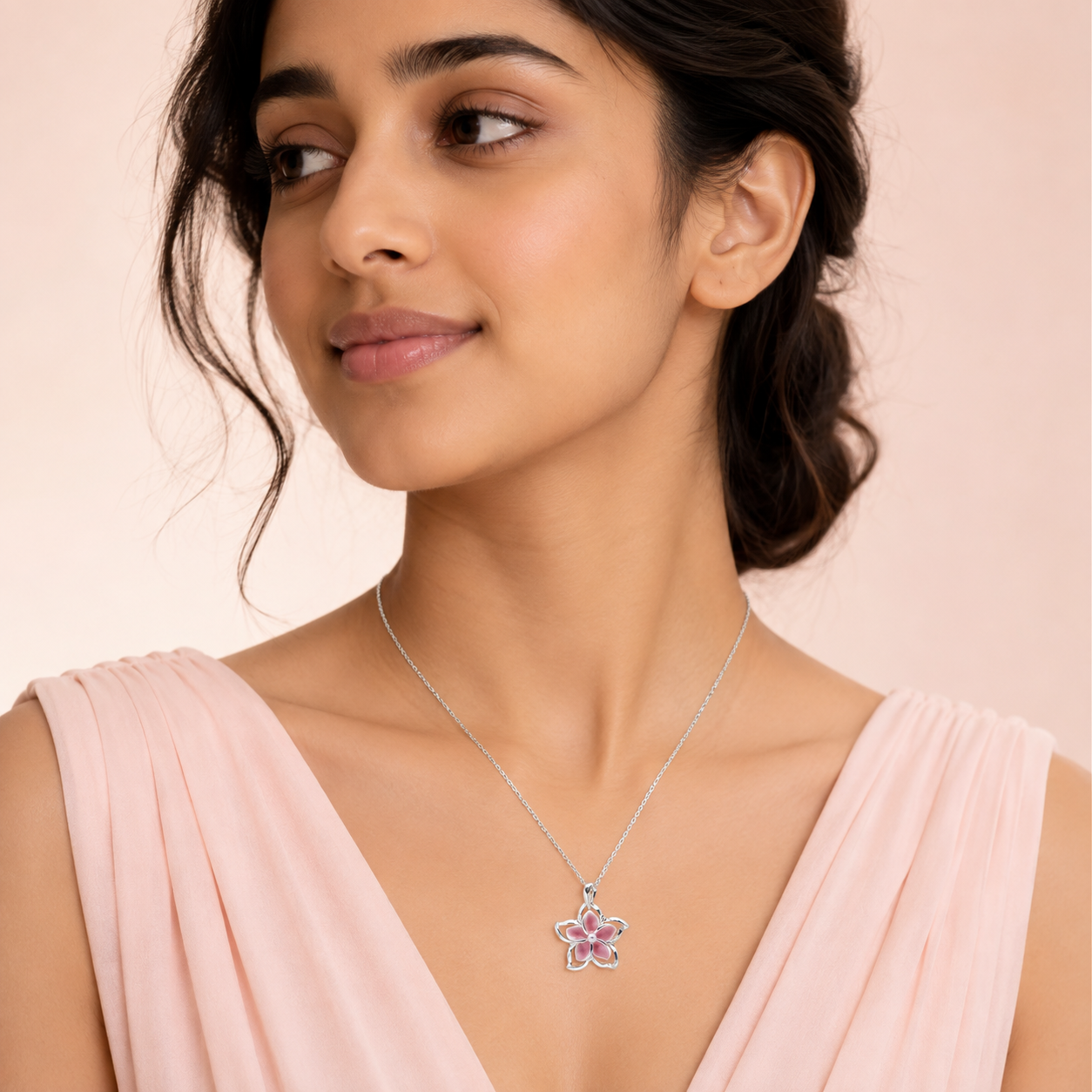 Silver-Toned Pink Floral Pendant Necklace for Women & Girls-WJ-JS26-NL0184