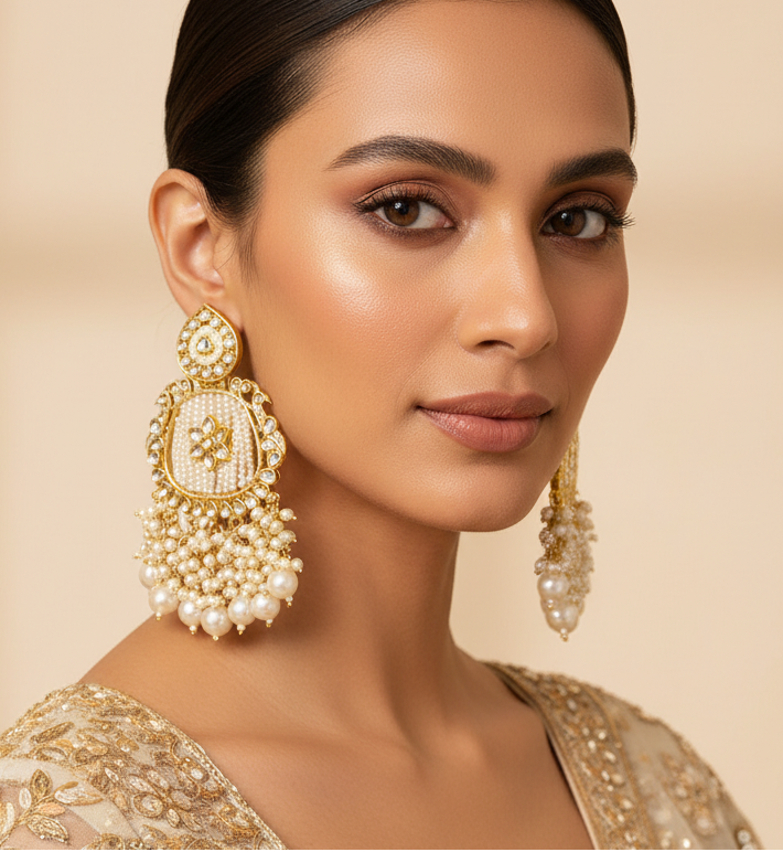 Jazz and Sizzle White Kundan Stone Studded & Pearl Beaded Chandbali Earring