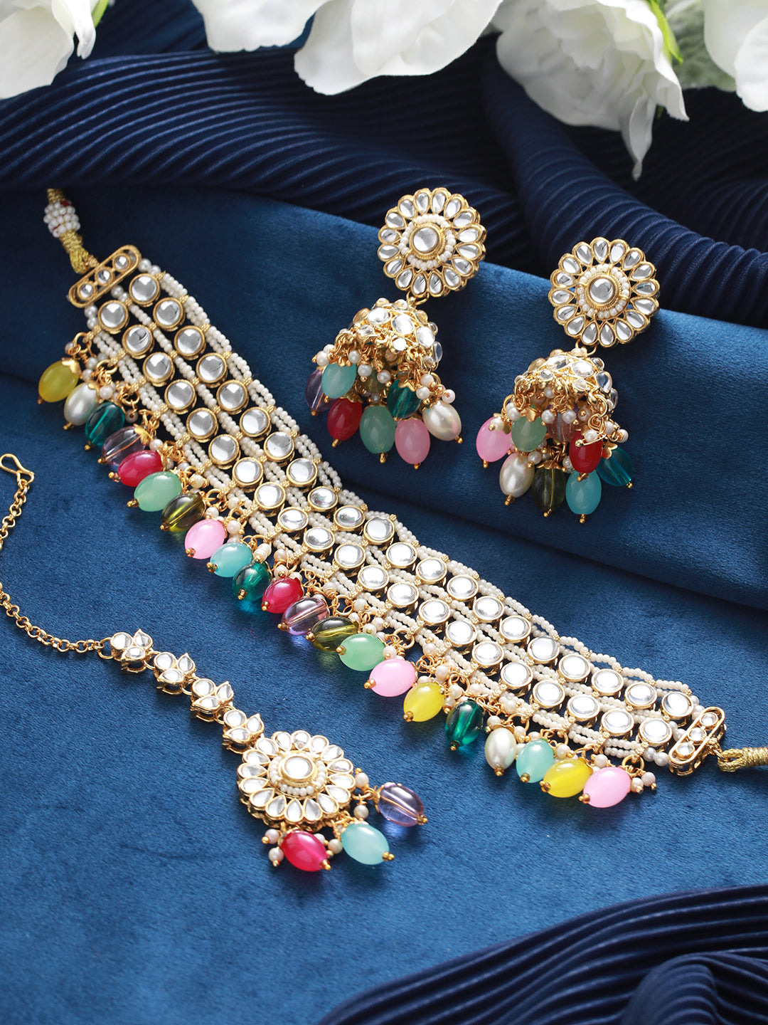 Gold-Plated Multicolored Kundan Studded & Pearl Beaded Choker Jewellery Set with Maangtikka - Jazzandsizzle