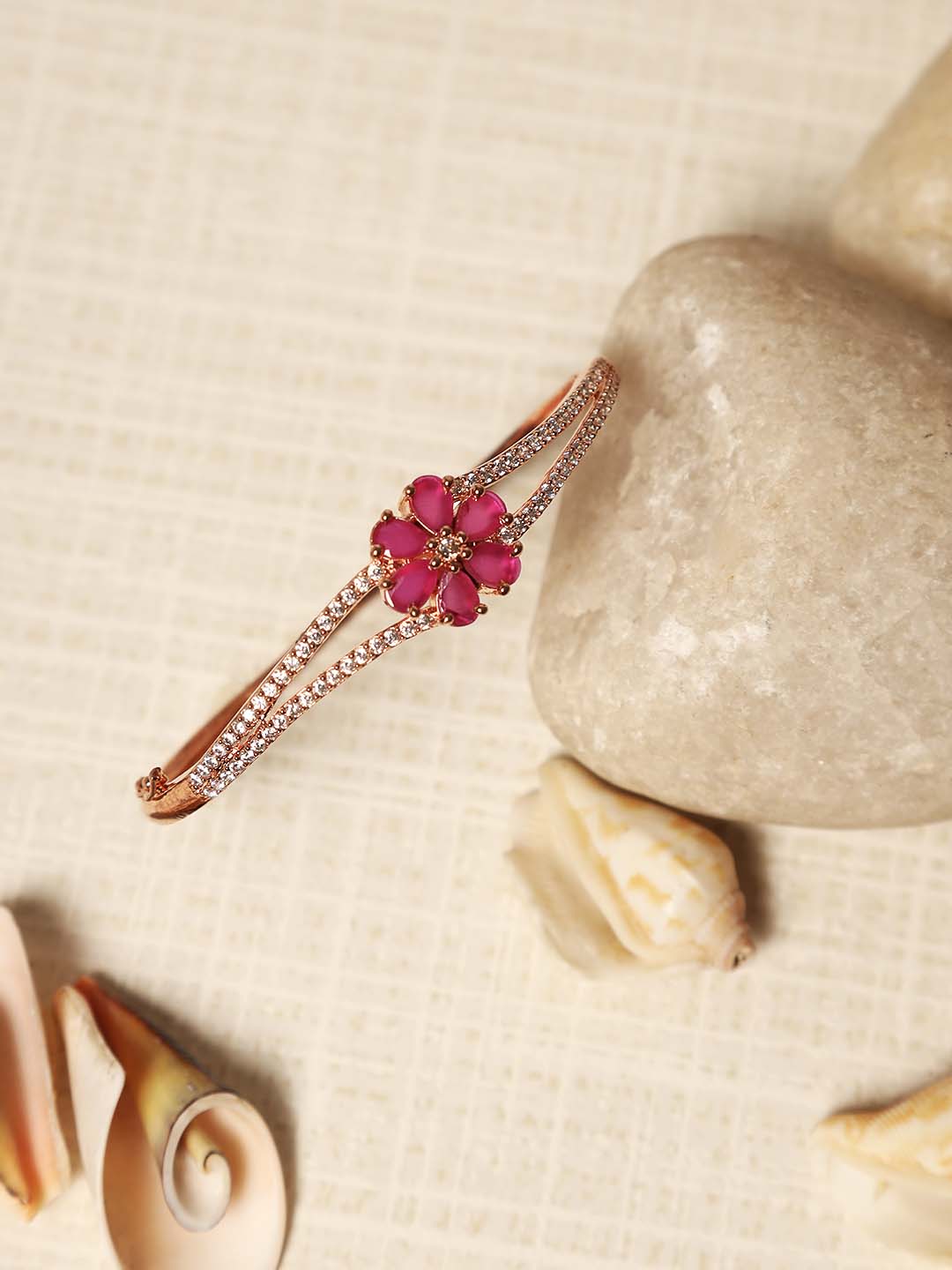 Rose Gold-Plated American Diamond and Ruby Studded Floral Patterned Bracelet - Jazzandsizzle