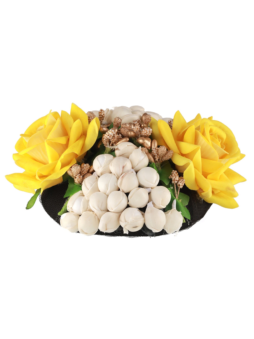 Women Yellow Rose & White Mogra Embellished Artificial Flower Gajra Designed Hair Bun Cover - Jazzandsizzle