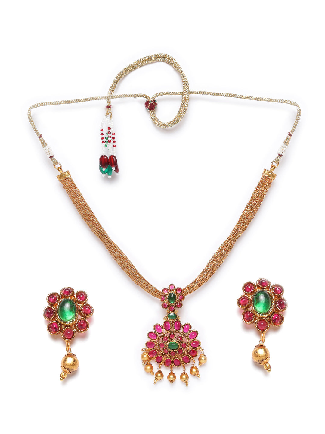 Gold-Plated Pink & Green Stone-Studded & Beaded Handcrafted Jewellery Set - Jazzandsizzle