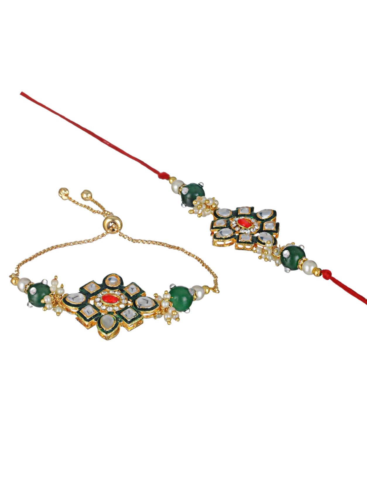 Set Of 2 Floral Green, Red & White Kundan Studded Rakhi