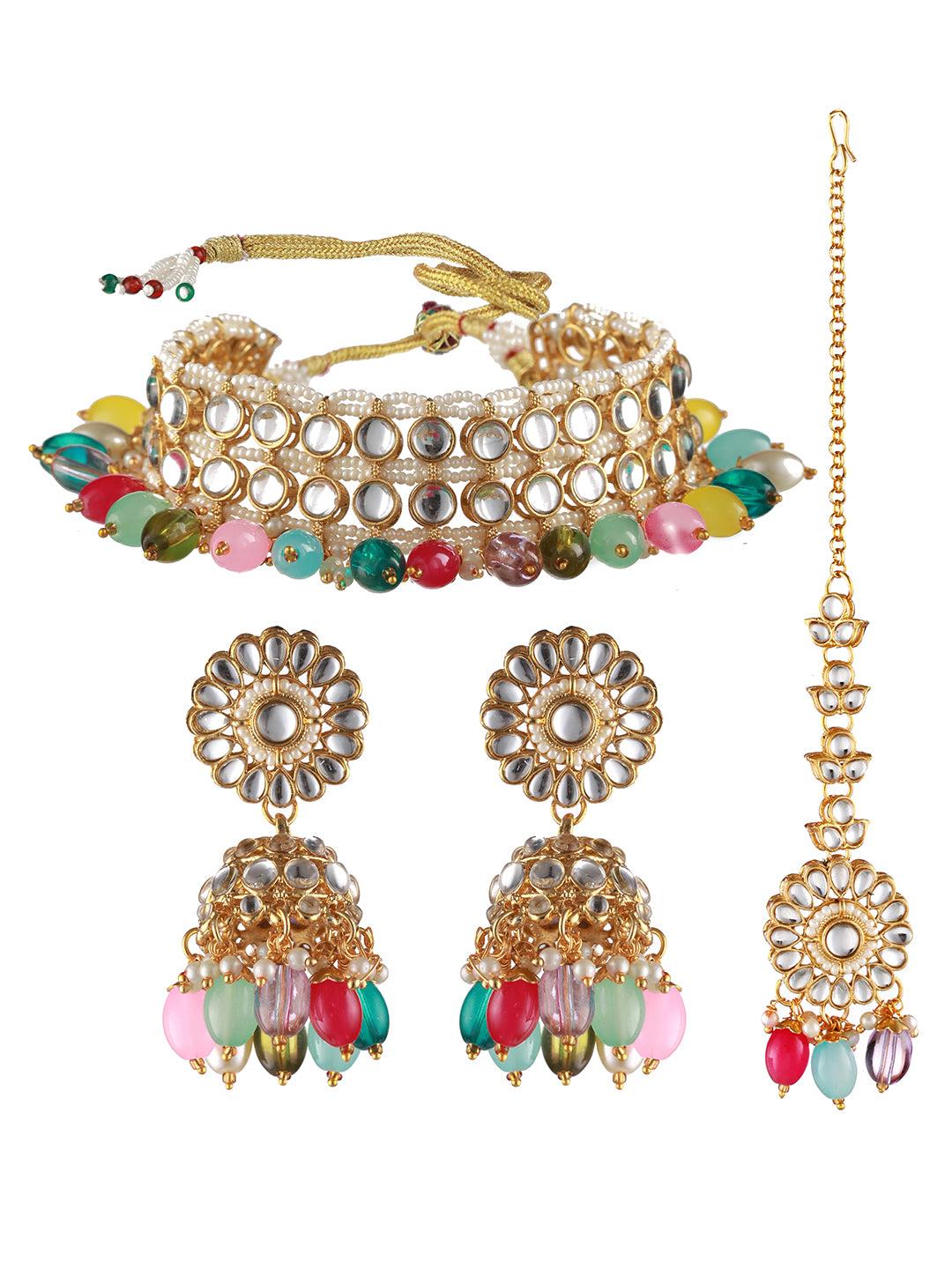 Gold-Plated Multicolored Kundan Studded & Pearl Beaded Choker Jewellery Set with Maangtikka - Jazzandsizzle