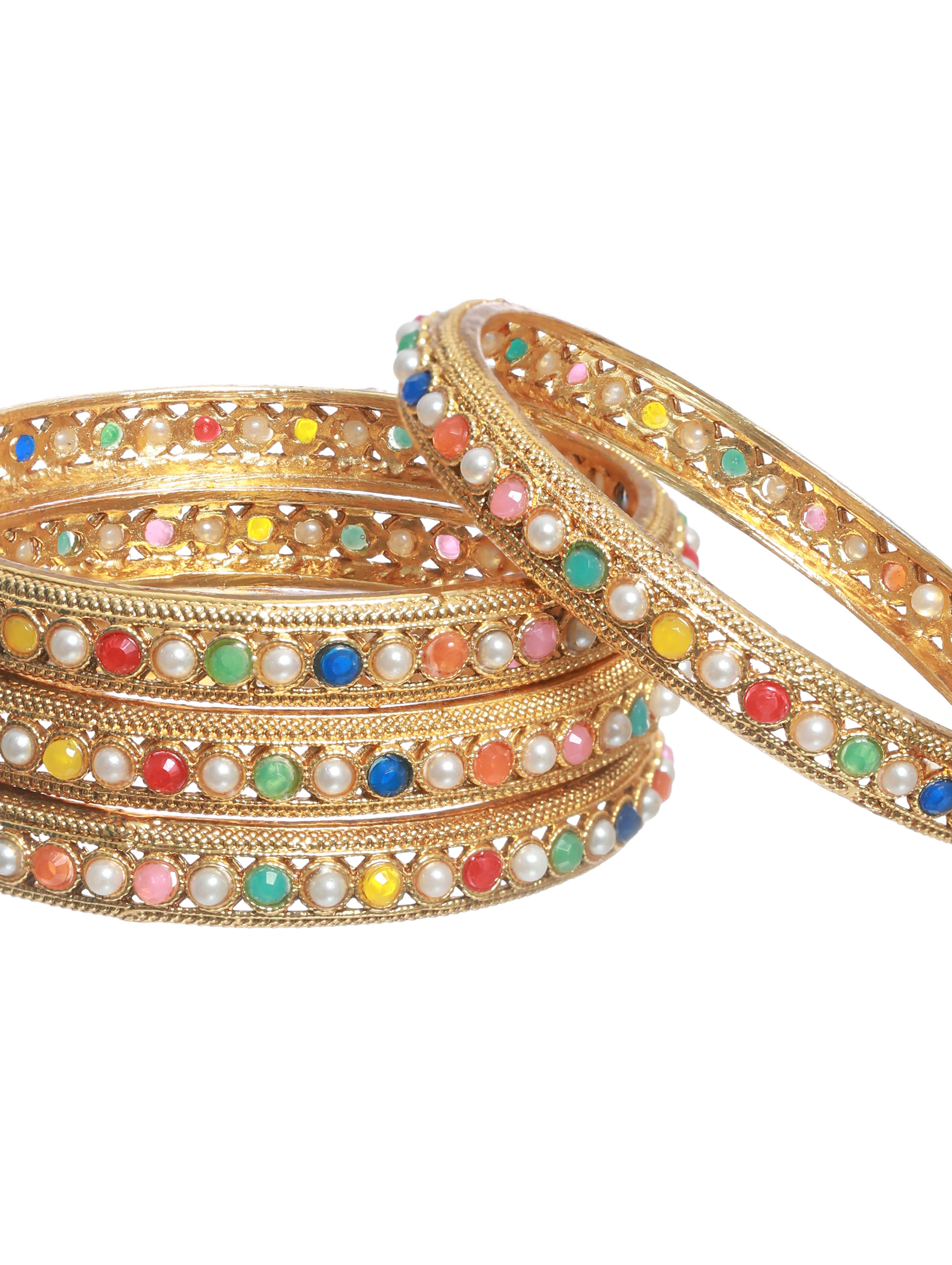 Set of 4 Multi Colored Stones Gold Plated Bangles - Jazzandsizzle