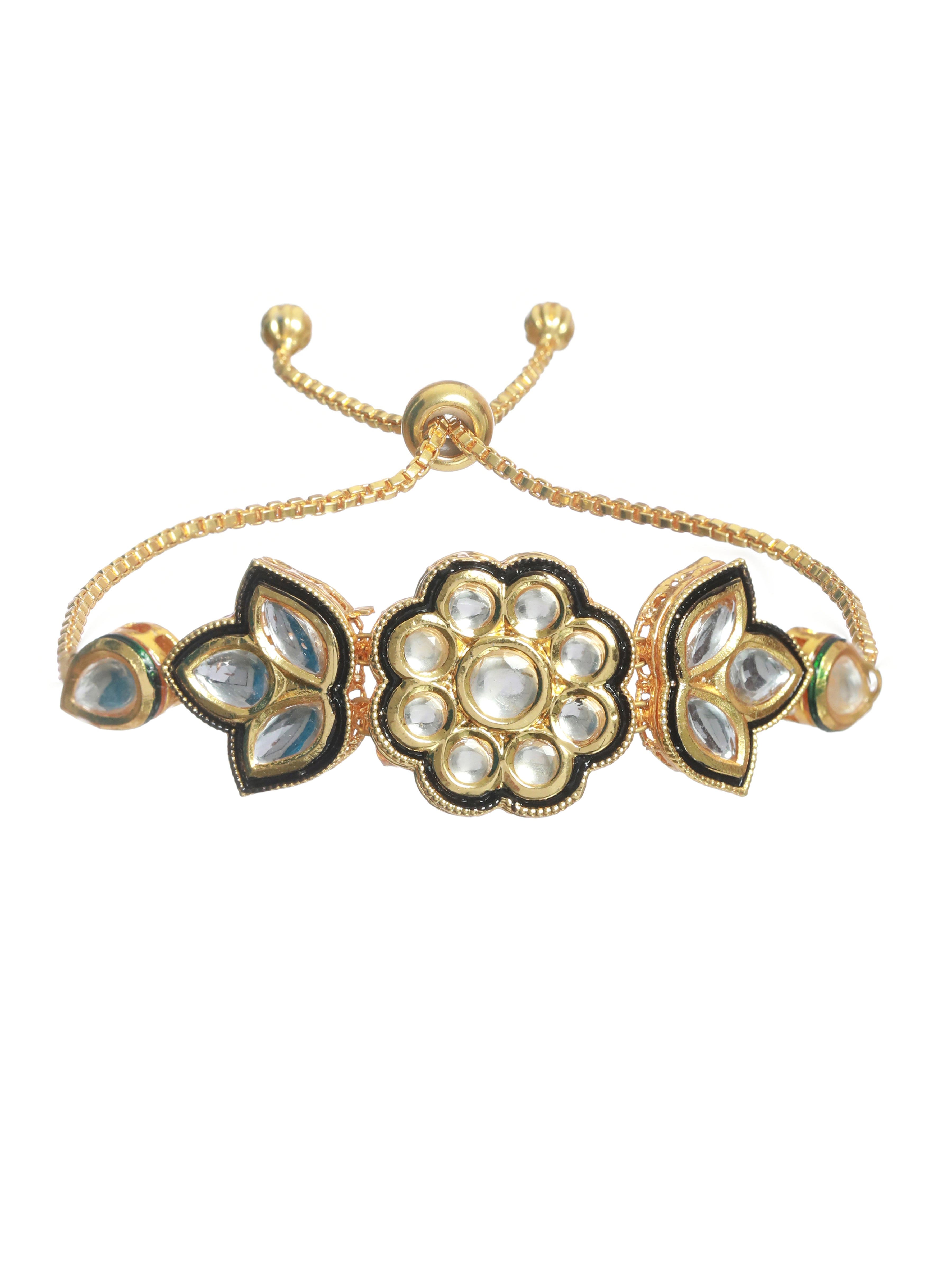 Gold Plated Kundan studded ,Floral Pattern Black Adjustable Bracelet - Jazzandsizzle
